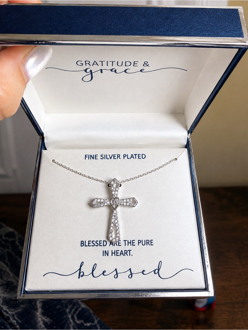 Gratitude & Grace Silver Plated Crystal Cross Necklace Blessed Faith Gift Box